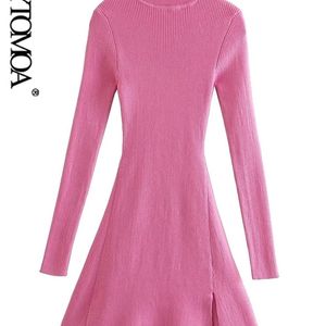KPYTOMOA Women Chic Fashion Front Slit Fitted Knit Mini Dress Vintage High Neck Long Sleeve Female Dresses Vestidos Mujer 220314