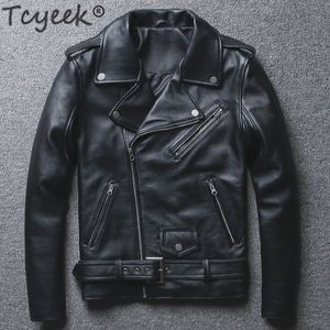 TCYEEK 100% Gerçek Koyun Koyun Erkekler Sonbahar Kış Giysileri Streetwear Hakiki İnek Deri Ceket Fit Moto Biker Coats LW2095 201114