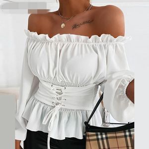 Womens Off-shoulder Ruffled Shirt Fashion Wild Casual Lantern Long Sleeve Lace Up Pullover Tops Solid Color Blouse1