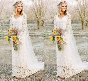 New Fashion Cheap Simple Romantic Country Style Boho Full Lace Wedding Dresses V Neck Long Sleeve Floor Length Bridal Gown Wedding Dress