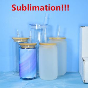 Sublimation Glass Beer Mugs Glass Frosted Water Bottle Beer Can Glass Tumbler Drinking Glasses With Bamboo Lid And Reusable Straw Iced Coffee Glasses 12oz 16oz