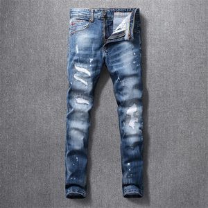 Estilo italiano moda homens jeans de alta qualidade retro azul rasgado denim longo calças longas elástico slim apto cacho de designer vintage homme 201223