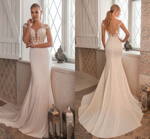 Eleganti abiti da sposa a sirena 2021 Appliques in pizzo Maniche ad aletta Illusion Bottoni Indietro Boho Abiti da sposa Sweep Train Vestidos De Novia AL8453