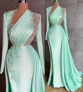 Plus Size Sexy Arabisch Aso Ebi Luxuriöse Meerjungfrau-Abschlussballkleider Spitze Perlen Satin Illusion Bodenlang Abend Formale Party Zweiter Empfang Geburtstagskleider Kleid