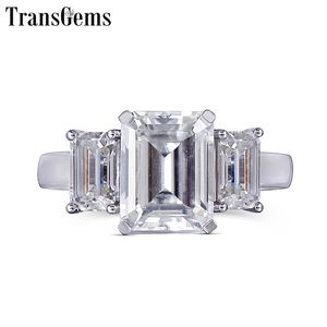 Transgems 14K 585 White Gold Engagement Ring for Women F Color Emerald Cut 3 Stone Engagement Ring Y200620