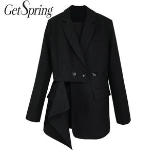 GETSPRING Coat Suit Coats Patchwork Irregular Jackets Asymmetry Long Black Women Oversized Blazers 201201