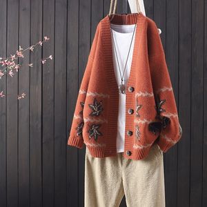 V-neck Maple Leaf Retro Knit Cardigan Fall New Loose Sweater Jacket Women's Button 201030