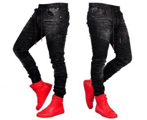 Mäns Jeans 2022 European American Folds Slim Fit Men Bana Moto Biker Fashion Hiphop Skinny Black för