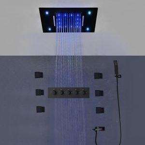 Bathroom Accessories Matt Black LED Shower Set Waterfall Rainfall Showerhead Panel Thermostatic Mixer Body Jets Faucets 20x14inch