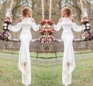 Elegant Lace Sheath Wedding Dress Bateau Sweep Train Modern Chiffon Long Sleeves Country Bridal Gowns Sexy Beach Boho Bride Dresses