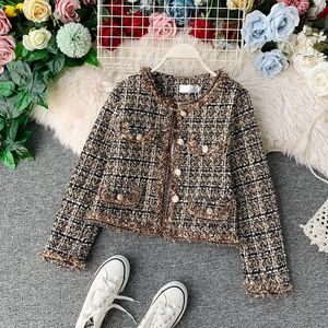 Novo Outono Inverno Vintage Tweed Jaqueta Casaco Mulheres Pequenas Fragrância Patchwork Coreano Lã Colhida Casacos Elegant Curto Outerwear 2022