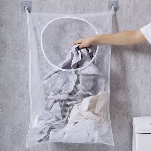 Stoccaggio bagno appeso lavanderia cestello sacchetto maglia traspirante dotato di 2 agganciamenti Ganci gratuiti sulla porta risparmio spazio bagno lavanderia cestini bianchi WH0379