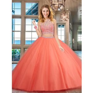 Glamorous High Neckline Two Pieces Detachable Beaded Waistline Watemelon Soft Tulle Quinceanera Dress Debutante Ball Floor Length