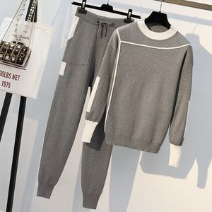 DEAT Autumn Women Knitted Two Piece Set Casual Sportsuit O Neck Long Sleeve Pullover Sweater Pants Set Tracksuit MG987 201120