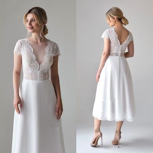 Classic Short A Line Wedding Dress Lace Top Illusion V-Neck Backless Simple White Reception Dresses Boho Chiffon Wedding Gowns Vintage Summer Vestidos 2022