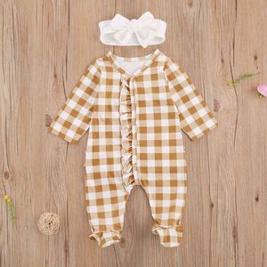 Emmababy nyfödd baby flicka kläder plaid printed ruffle långärmad söt fotade pyjamas romer jumpsuit outfit kläder g1221