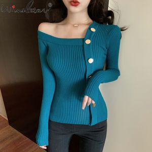 Stricken Pullover Koreanische Casual Eine Schulter Frühling Frauen Tops Langarm Pullover Schlank Blusas T04111B 210203
