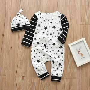 2Pcs Newborn Baby Boy Pagliaccetto in cotone a maniche lunghe Stelle Stampa Tuta e cappello Abbigliamento infantile Autunno Baby Boy Clothes LJ201023