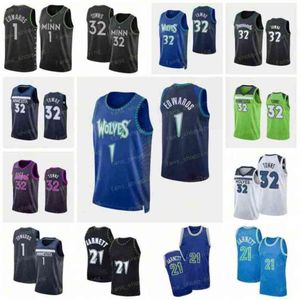 Mens Retro Kevin 21 Garnett Jersey Black White Blue Karl-Anthony 32 Towns Anthony 1 Edwards Basketball Jerseys Vintage 75th Anniversary Jerseys