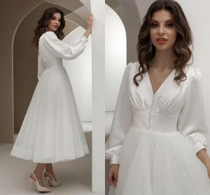 2022 длинные поэта рукава свадебные платья простое boho пляж свадебное платье атласная длина чая v шеи пользовательские изготовленные плюс размер vestidos de novia