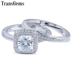 Transgems Genuine 14k White Gold Center 1ct 6mm Cushion Cut F Color Moissanite Halo Engagement Ring Set for Women Wedding Y200620