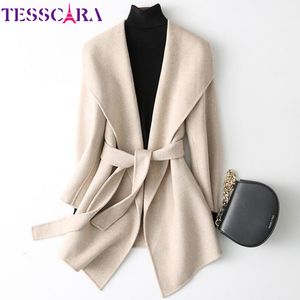 TESSCARA Women Autumn Winter Fashion Wool Blend Jacket Coat Female Open Stitch Overcoat Cashmere Basic Jackets Outerwear & Coats 201102