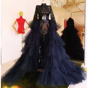 Dresses Overskirts Evening With Detachable Train High Neck Sequined Appliques Long Sleeves Illusion Prom Dress See Through robe de soiree