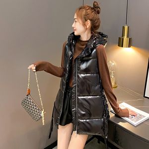 Winter Women's Long Vest Shiny Solid Hooded Sleeveless Jacket Plus Size Stand Collar Cotton Padded Thick Casual Outwear 201102