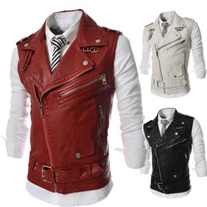 Mens PU Leather Punck Jackets Autumn Winter Moto Sleeveless Lapel Neck Zipper Belt Vests Man High Street Fashion Cool Clothes