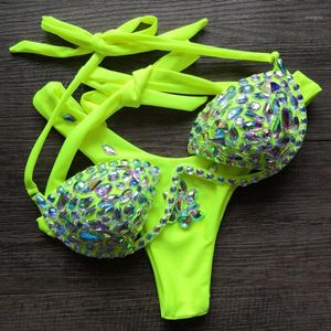 VIKINII Rhinestone Neon Green Bikinis Women 2023 Diamond Push Up Swimsuits Sexy Halter Crystal Swimwear Women Bathing Suits1''gg''M1HI