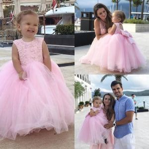 Vintage Blush Rosa Princesa Flor Menina Vestidos Appliqued Lace Bow FlowerGirl Vestidos Comprimento Do Assoalho Vestidos De Festa de Aniversário Para Meninas