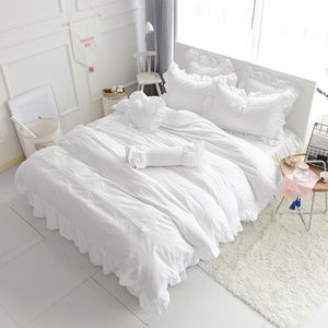 100% Baumwolle Weiß Blau Grau Bettwäsche-Sets für Kinder Mädchen Queen Twin King Size Bettbezug Bettlaken Bettrock Set Kissenbezug T200706
