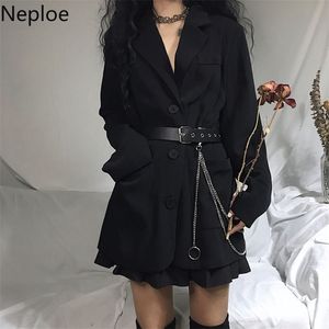 Neploe escritório senhora entalhado blazers manga comprida mulheres outono harajuku revestimento de tamanho preto casaco médio-longo com cinto 55504 201114