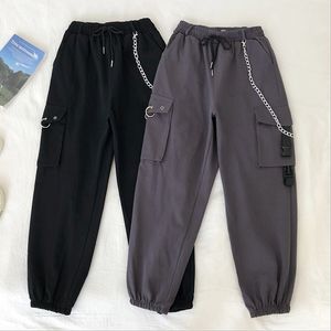 NEPLOE Moda carta de bolso duplo calças causais calças de cintura alta anca unisex Calças de carga sólida coreano pantalone casual 49310 201106