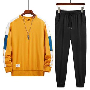 Men Set Solid Patchwork Tracksuits Autumn Sportswear Hoodies+Pants 2PCS Sets Hip Hop Streetwear Loose Sweatsuit