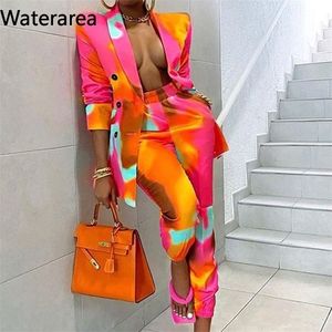 Waterarea Autumn Winter Women orange Tie-dye Set Two Piece Office Suit Outfits Blazer Casual Skinny Leg Pants 220315