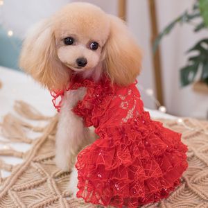 Wholesale red poodles for sale - Group buy Handmade Dog apparel Clothes pet Dress Red Lace Hollow Pattern Tutu Vest Cats Outfit Poodle Maltese Yorkie