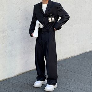 IEFB /メンズ秋の新しいシングルブレストスーツ+ファッションブラックワイドレッグスーツパンツルーズストリートウェアオールマッチ2パイズセット9A30 201106