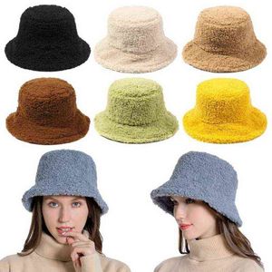 2021 Solid Färg Lamb Faux Fur Bucket Hat Vinter Varm Teddy Velvet Kepsar För Kvinnor Lady Tjock Panama Outdoor Fisherman Hat Caps Y220301