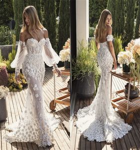 Newest Floral Mermaid Wedding Dresses Boho Applique Lace Sweetheart Long Sleeves Bridal Gown Sweep Train Custom Made Robe De Mariee