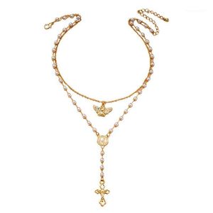Chokers Ins Gold Chain Handmade Pearl Beads Cross Christian Geo Choker Pendant Necklace Korean Fashion Chic Party Jewelry1