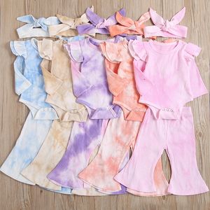 ベビーネクタイ染料服セット幼児長袖ロンパーストップ+フレアパンツ+ヘッドバンド3個/セットブティックピットニット幼児服M2908