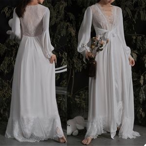 Sexy Brautkleider Damen Roben Brautkleider Illusion Spitze Langarm Applikationen Chiffon Nachthemd Nachthemd Nachtwäsche