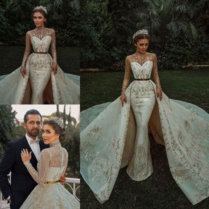 Wspaniałe suknie ślubne Złote Cekiny Sheer Wysokie Neck Aplikacje Suknia Dla Nowożydów Syrenka Księżniczka Kraj Vestidos de Novia