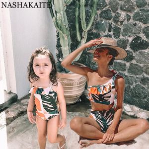 NASHAKAITE Mommy and me Swimsuit One Shoulder Cut Out Swimsuit Mother and Daughter Leaf Print Family Matching Swimwear LJ201111