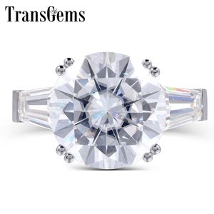 TransGems Big Size Solid 14K White Gold 8ct ct 13mm Diametro F Colore Moissanite Tre pietre Anello di fidanzamento per le donne Matrimonio Y200620