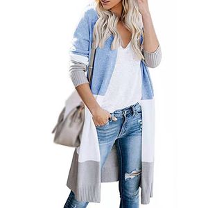 Kvinnor Casual Cardigan Höst Långärmad Patchwork Tröjor Färgblock Lång Mujer Kvinnor Jumper Öppna Front Loose Stickad Cardigan T200101