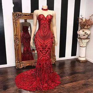 長いエレガントな赤い人魚のウエディングドレス2022恋人のアフリカの女性の黒い女の子のスパンコールのイブニングドレス注文製BC9961