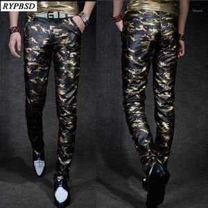 Calças de couro dos homens Slim Fit Camuflagem Calças Homens Outono Nova Moda Casual Alta Qualidade Pu Faux Couro Calças1