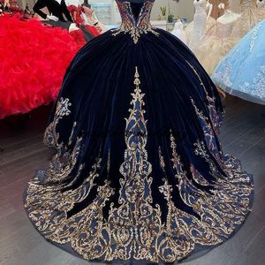 Marinblå sammet prinsessa quinceanera klänning boll klänning paljetter spets applikation vestido mexicano stil söt 15 prom klänning245y